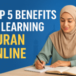 Muslim student learning Quran online with teacher via laptop .oqschool.com