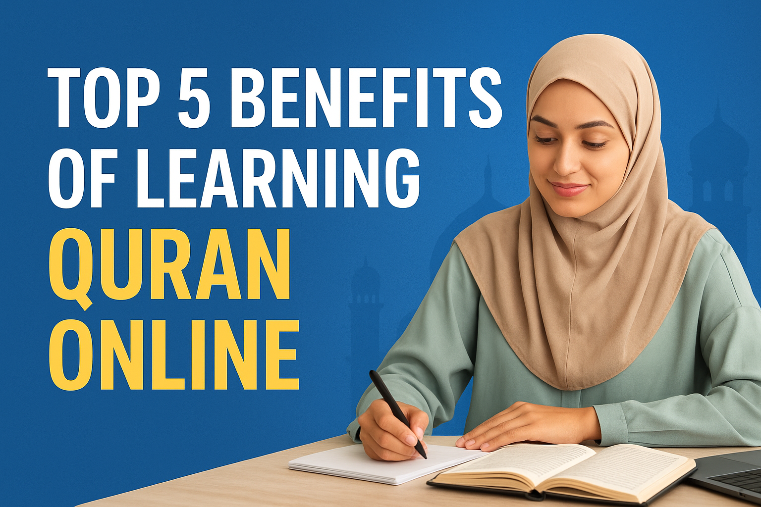 Muslim student learning Quran online with teacher via laptop .oqschool.com